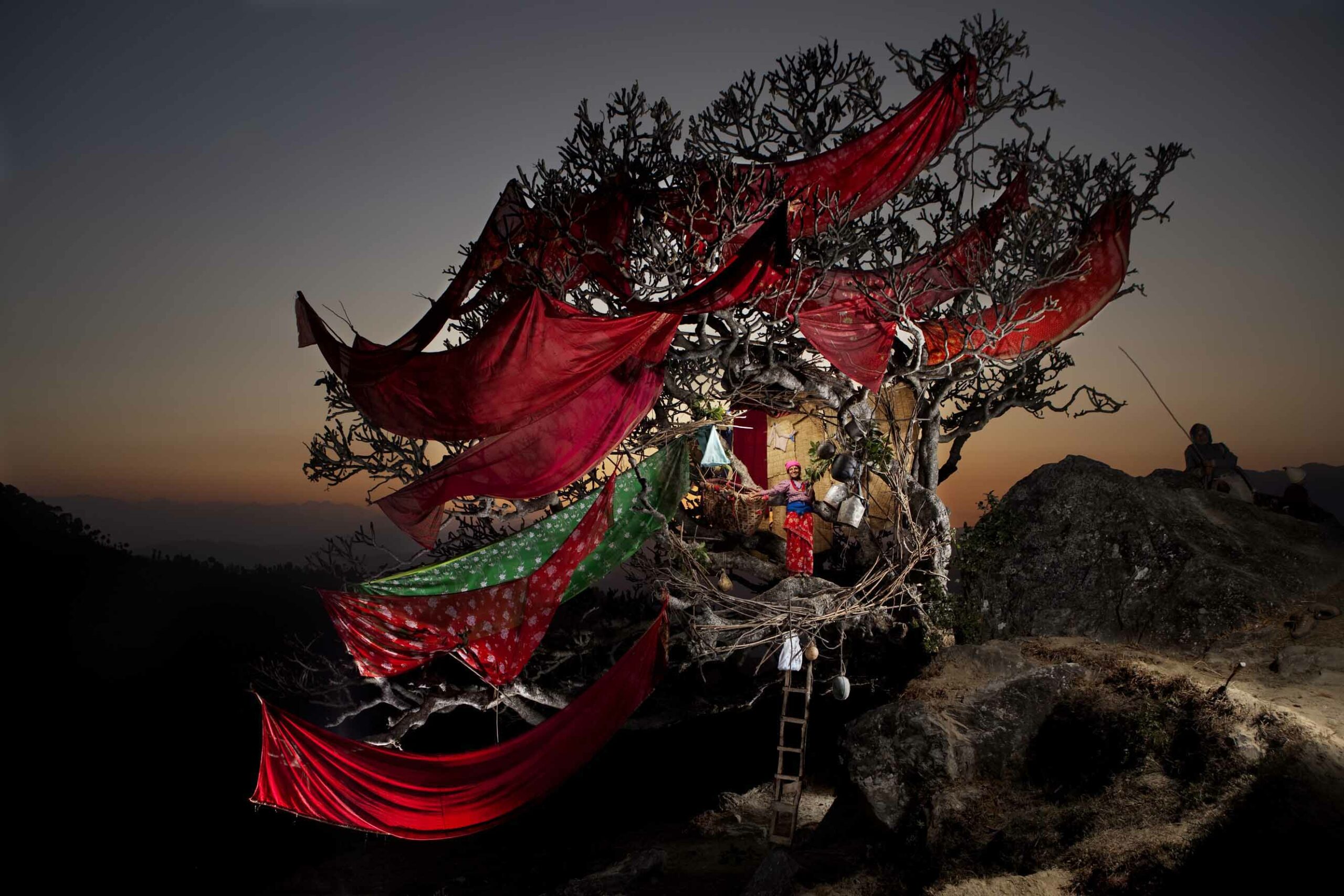 Om Mani Padme Hum. Boudhakumari Dhakal dans l’arbre sacré de Deurali, Népal, Nicolas Henry / Les cabanes de nos grands-parents